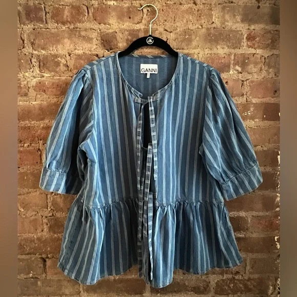 GANNI Striped Denim Peplum Tie Blouse - EU 40 - US 8/10 - Picture 3 of 6